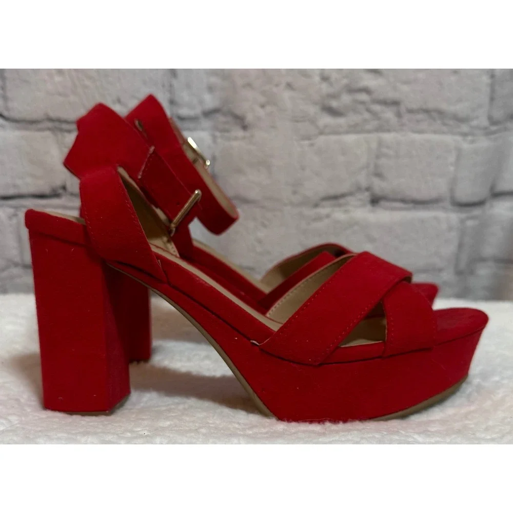 Sun + Stone Lillah Red Faux Suede Platform Block Heel Sandals Womens 6.5 M